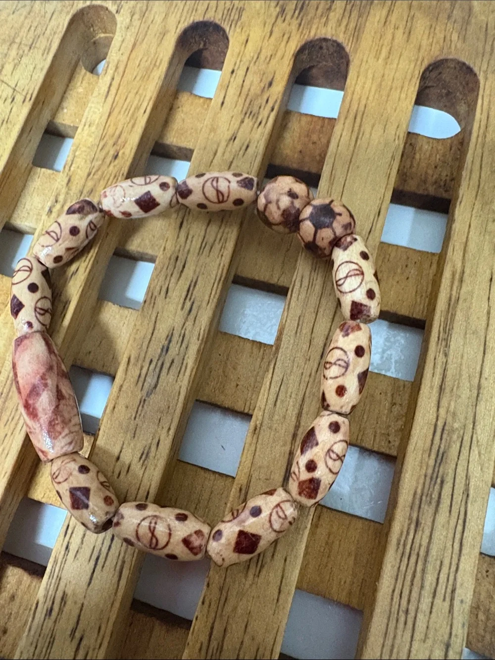 Handmade Carved Wooden Bead Bracelet - Neutral Tan & Brown - Picture 1 of 1